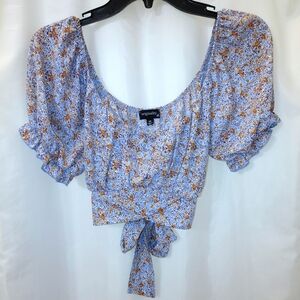 EUC Sz M Floral Tie-Back Puff Sleeve Crop Top Blue On Or Off Shoulder. Boho